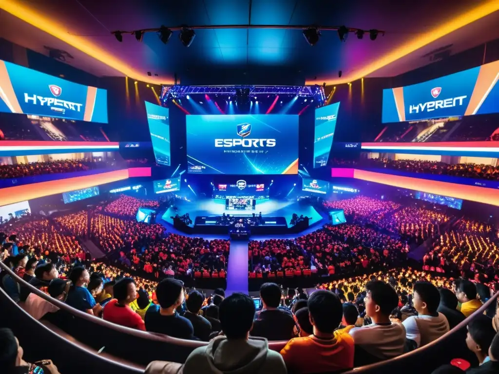 La evolución de los eSports en Vietnam: Una vibrante arena llena de fans entusiastas y jugadores profesionales compitiendo bajo brillantes luces LED
