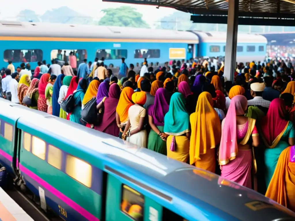 Estación de tren en India: Tradición y modernidad en movimiento Una estación de tren abarrotada en India, con una mezcla de ropa tradicional y moderna