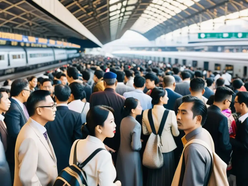 Una estación de tren concurrida en una ciudad asiática, destacando la diversidad de identidades y culturas