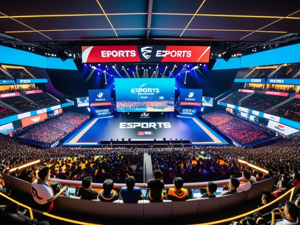 Estadio lleno de fans en Asia en apasionante competencia de eSports Un estadio abarrotado de deportes electrónicos en Asia, con fans vestidos con ropa de marca animando entusiastamente a los jugadores en un escenario brillantemente iluminado