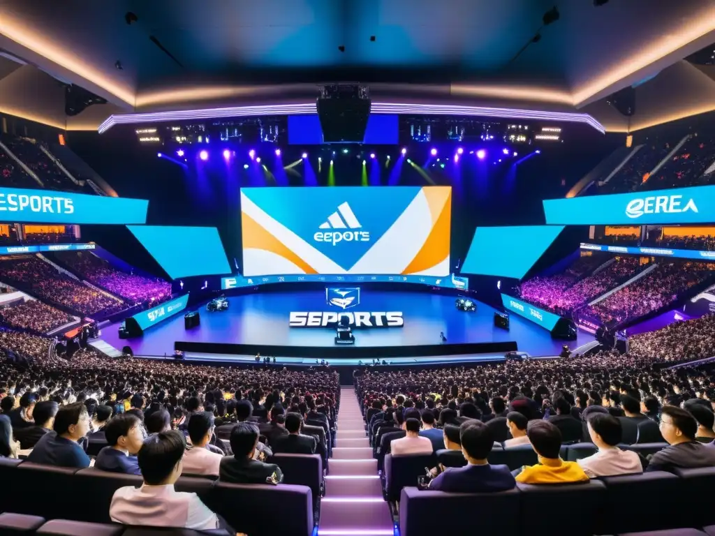 El estadio de eSports en Corea del Sur rebosa energía y emoción, con jugadores compitiendo, líderes gubernamentales observando y una multitud vibrante