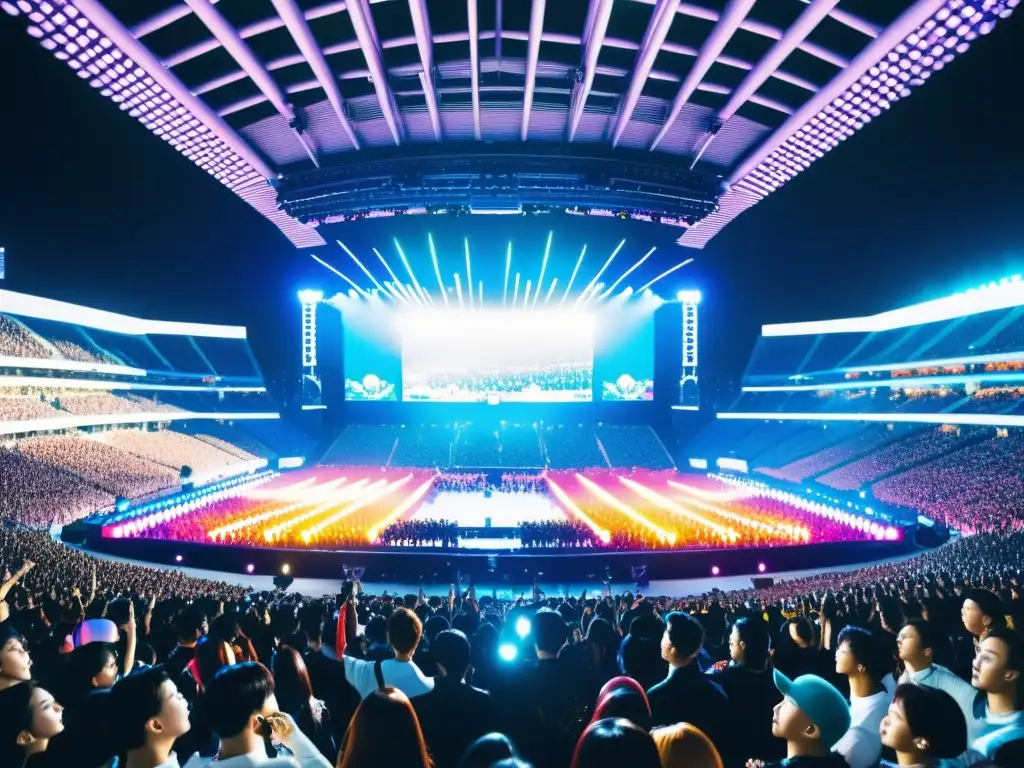 Un estadio lleno de fanáticos entusiastas del KPop con palos de luz, vibrante energía y un concierto en el escenario