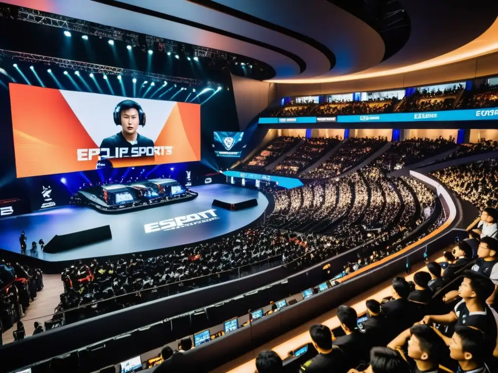 Estadio lleno de fans apasionados y jugadores concentrados en un torneo de eSports, reflejando la mentalidad de un gamer asiático en eSports