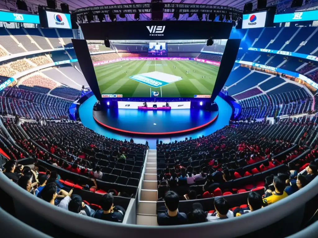 Estadio lleno de fans apasionados viendo a los mejores jugadores de eSports asiáticos competir en un escenario masivo en Corea del Sur