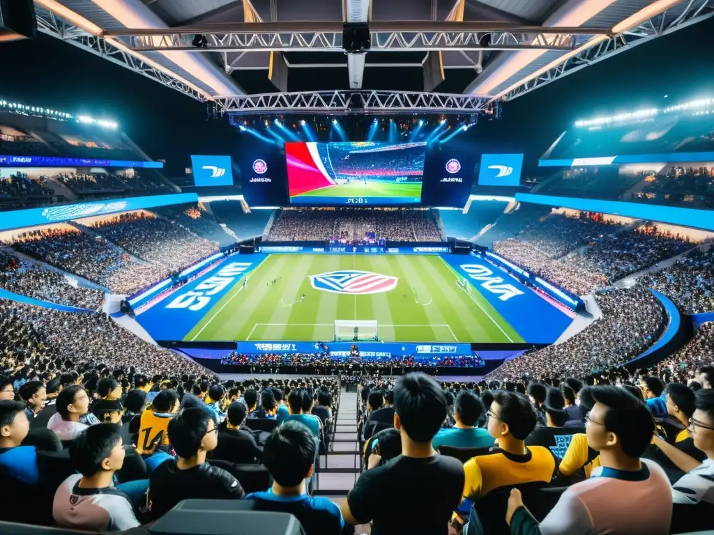 Estadio lleno en Asia con fans emocionados animando a los mejores jugadores de eSports asiáticos en una atmósfera eléctrica y competitiva