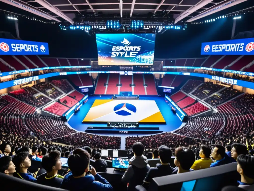 Estadio lleno de fans entusiastas animando a sus equipos favoritos, reflejando la historia de los eSports en Corea del Sur