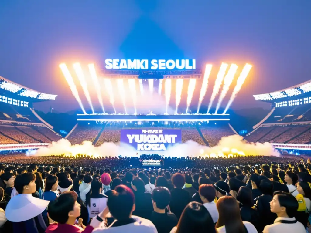 Estadio lleno en Seúl con fans entusiastas y luces brillantes durante concierto de KPop, destacando la importancia de los KDramas en el KPop