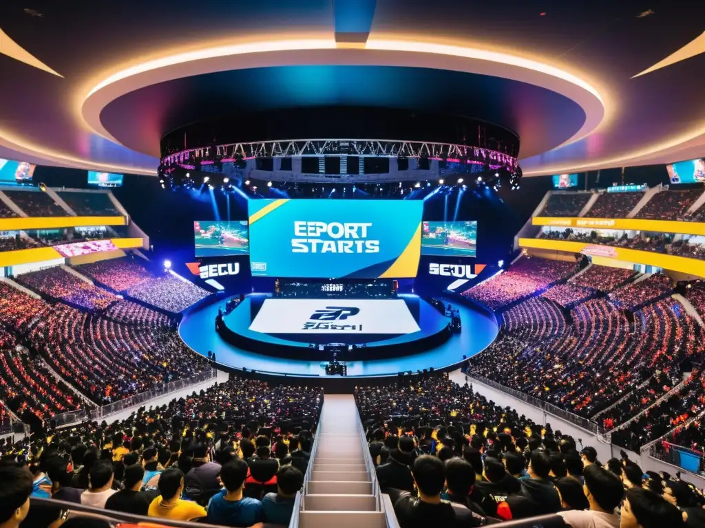 Estadio lleno de fans entusiastas en Corea del Sur, vibrante historia de los eSports