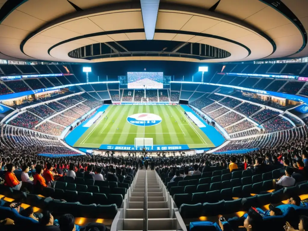 Estadio lleno en Seúl, Corea del Sur, durante una emocionante competencia de eSports, reflejando la historia de los eSports en Corea del Sur con fans entusiastas y equipos concentrados