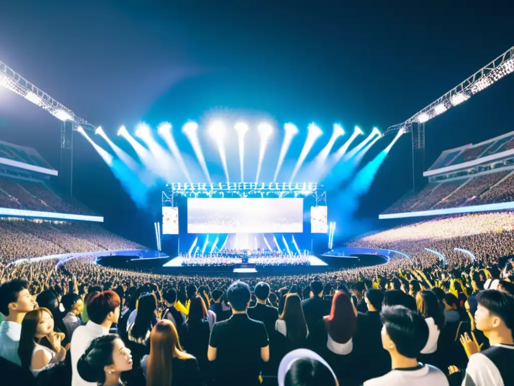 El estadio rebosa de fans entusiastas con light sticks, mientras artistas de KPop brillan en el escenario