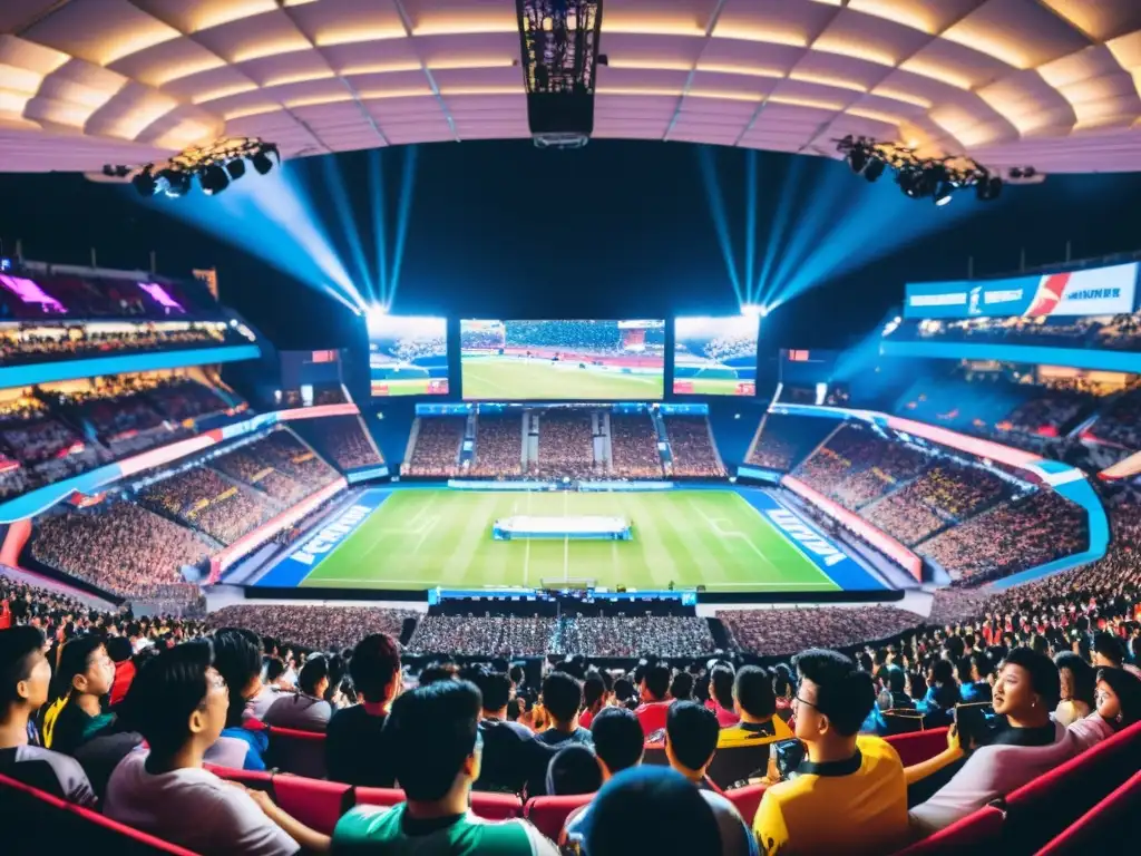 Estadio repleto en Asia con fanáticos entusiastas, banderas y luces vibrantes en competencias de eSports asiáticos