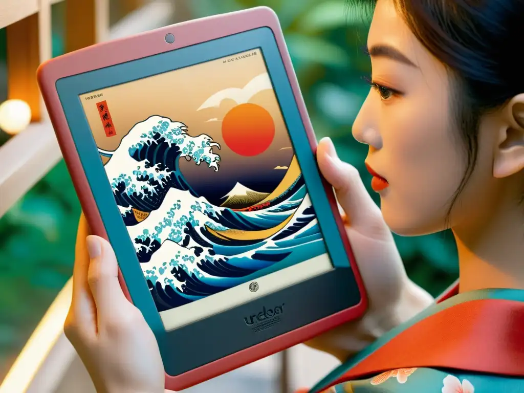 Un Ereader con Estampado de Ukiyoe iluminando la cara de un lector inmerso en su lectura, con un hermoso paisaje japonés de fondo