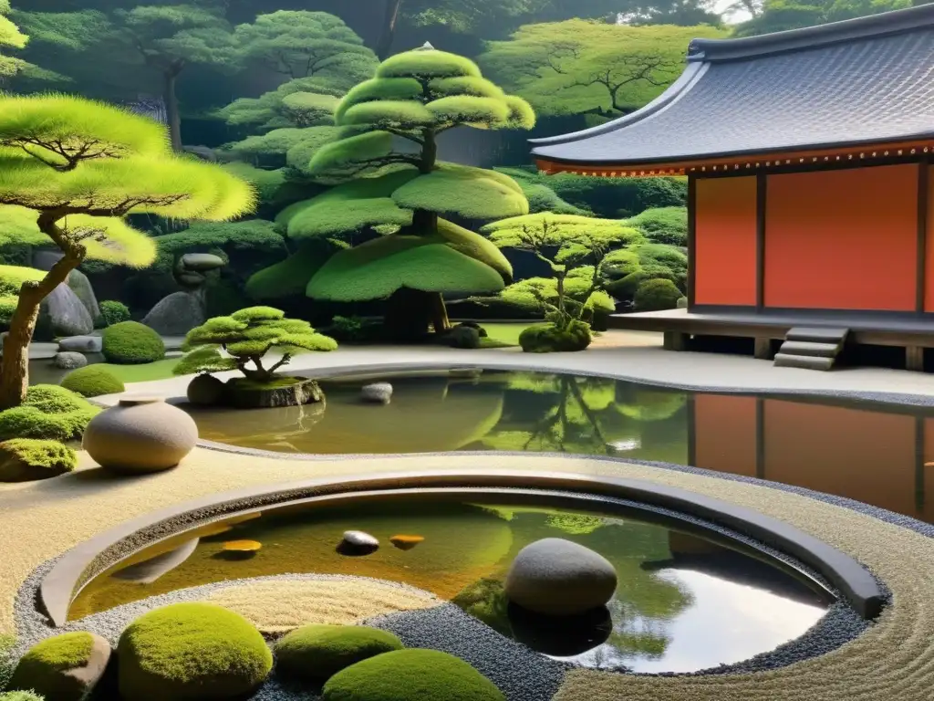 Un jardín zen con un estanque y un templo japonés, ofrece serenidad y belleza, ideal para la filosofía Zen