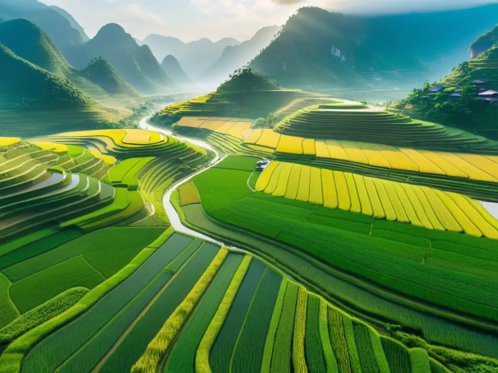 Estanques en la agricultura oriental: Vista aérea de arrozales verdes en Vietnam, con canales de riego serpenteando entre campos