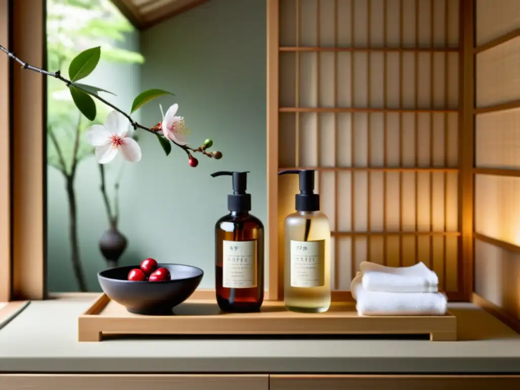 Un estante de baño minimalista en un ryokan japonés, con productos de cuidado de la piel y una flor de cerezo