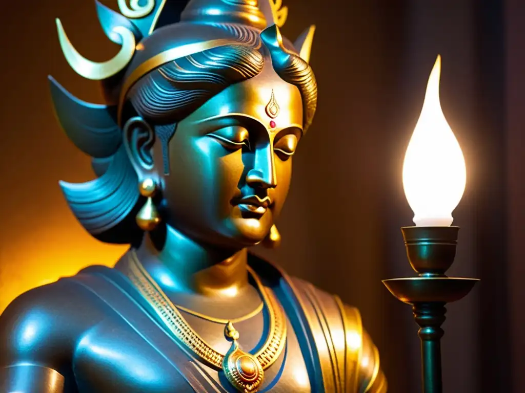 Estátua de bronce de Nagarjuna iluminada por una lámpara, evocando la serenidad de la filosofía Madhyamaka y el Budismo