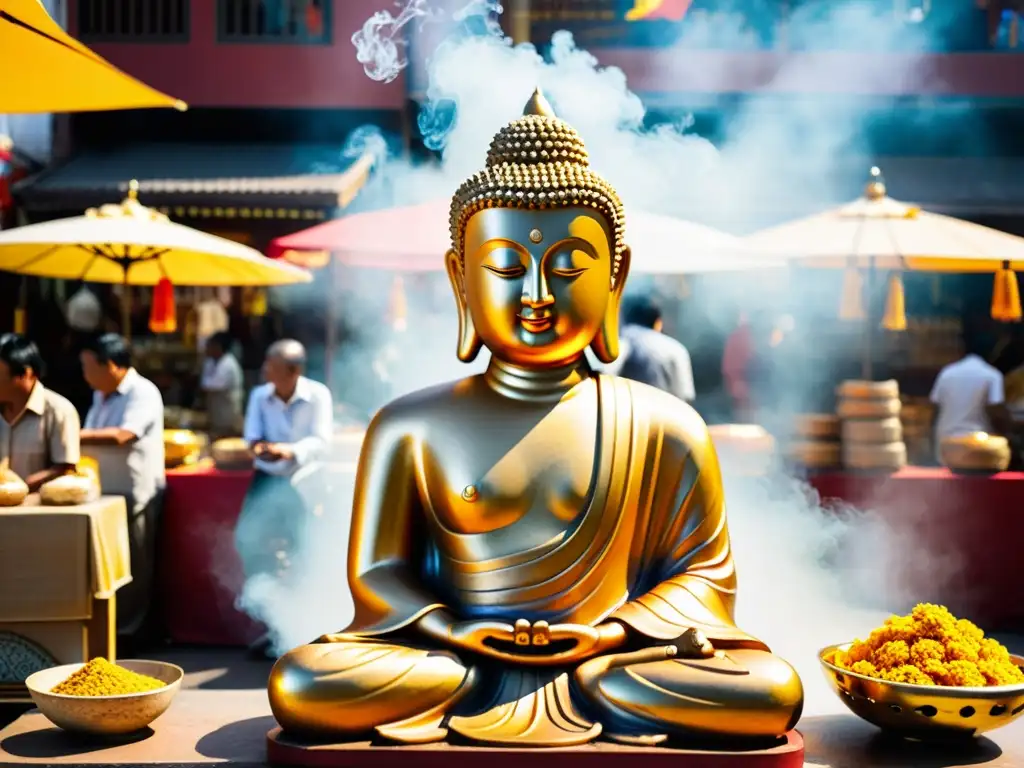 Una estatua dorada de Buda en un bullicioso mercado asiático, reflejando la religión en sociedades asiáticas contemporáneas