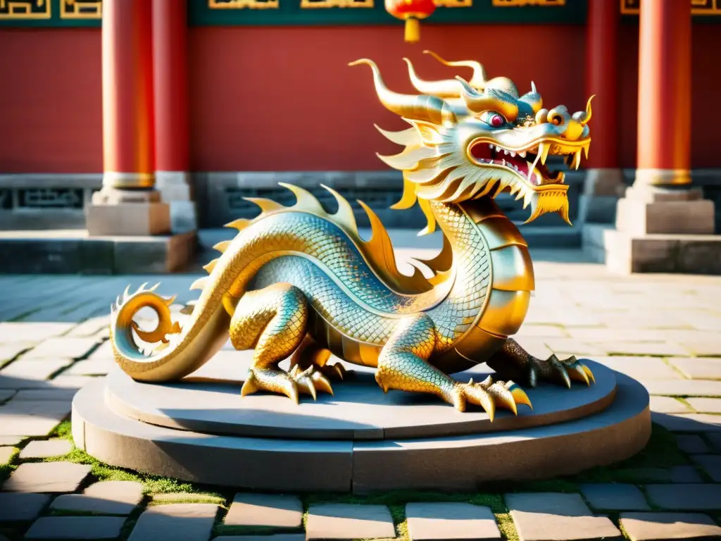 Estatua dorada de un dragón en un patio chino, símbolo de poder y tradición de las dinastías chinas