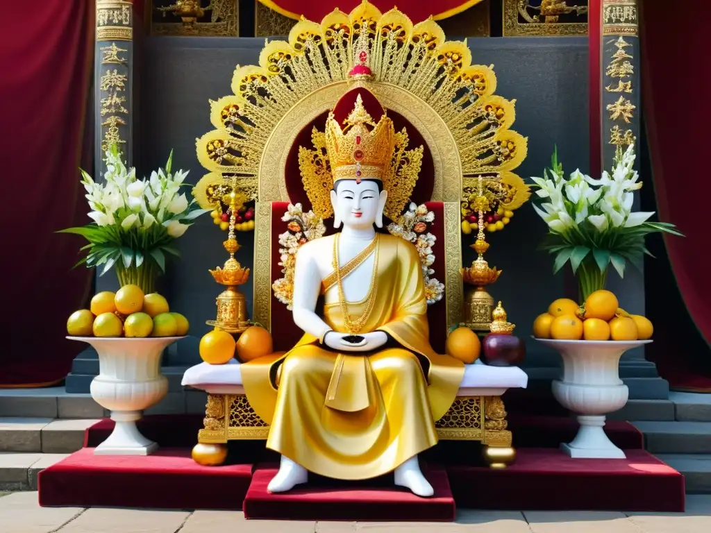 Estatua dorada de emperador sentado en trono majestuoso, rodeado de ofrendas y devotos, reflejando su rol en la sociedad asiática