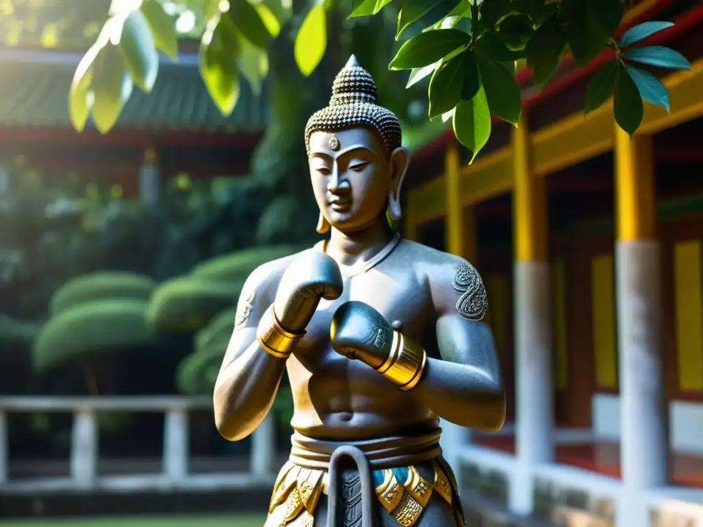 Estatua de piedra antigua de luchador de Muay Thai en templo sereno, con luz dorada filtrándose entre vegetación exuberante