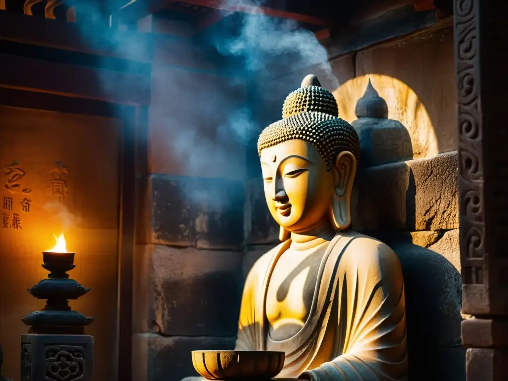 Estatua de Buda de piedra en templo antiguo iluminado por luz dorada, mostrando la adaptación del Budismo en China