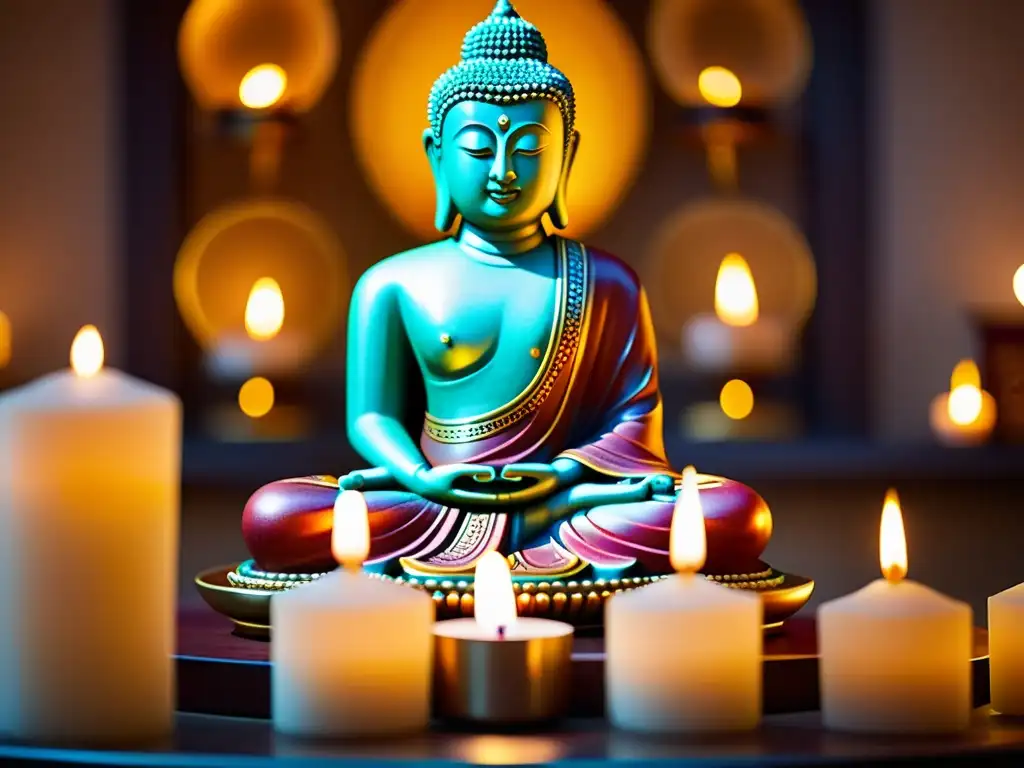 Buda sereno en templo: arte espiritual asiático Una estatua serena de Buda en un templo iluminado por velas y con incienso, invita a invertir en arte religioso asiático