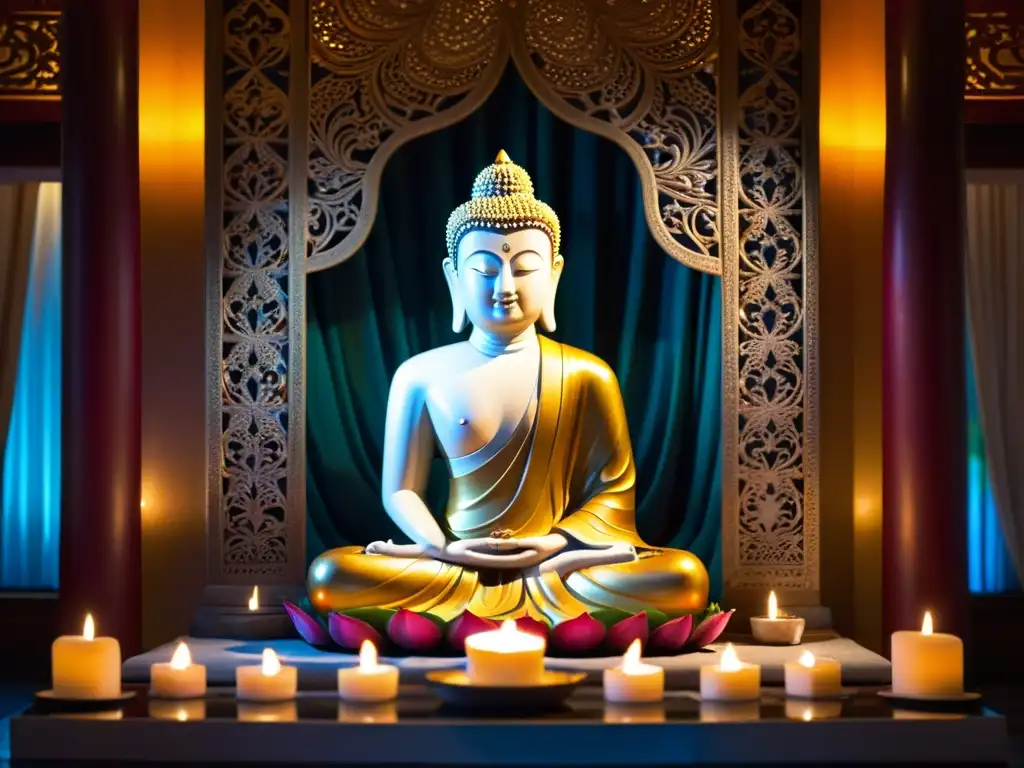 Una estatua de Buda tallada con detalle en un templo iluminado por velas, con telas de seda vibrantes