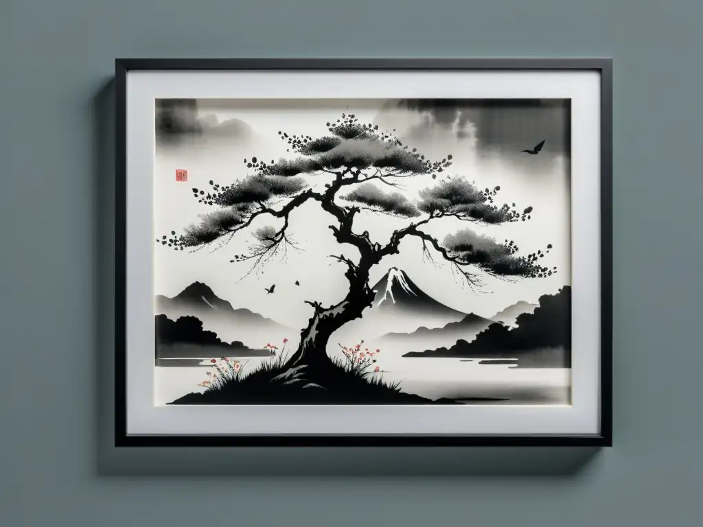 Estética del arte japonés contemporáneo: Pintura japonesa en tinta con paisaje sereno y solitario cerezo en flor