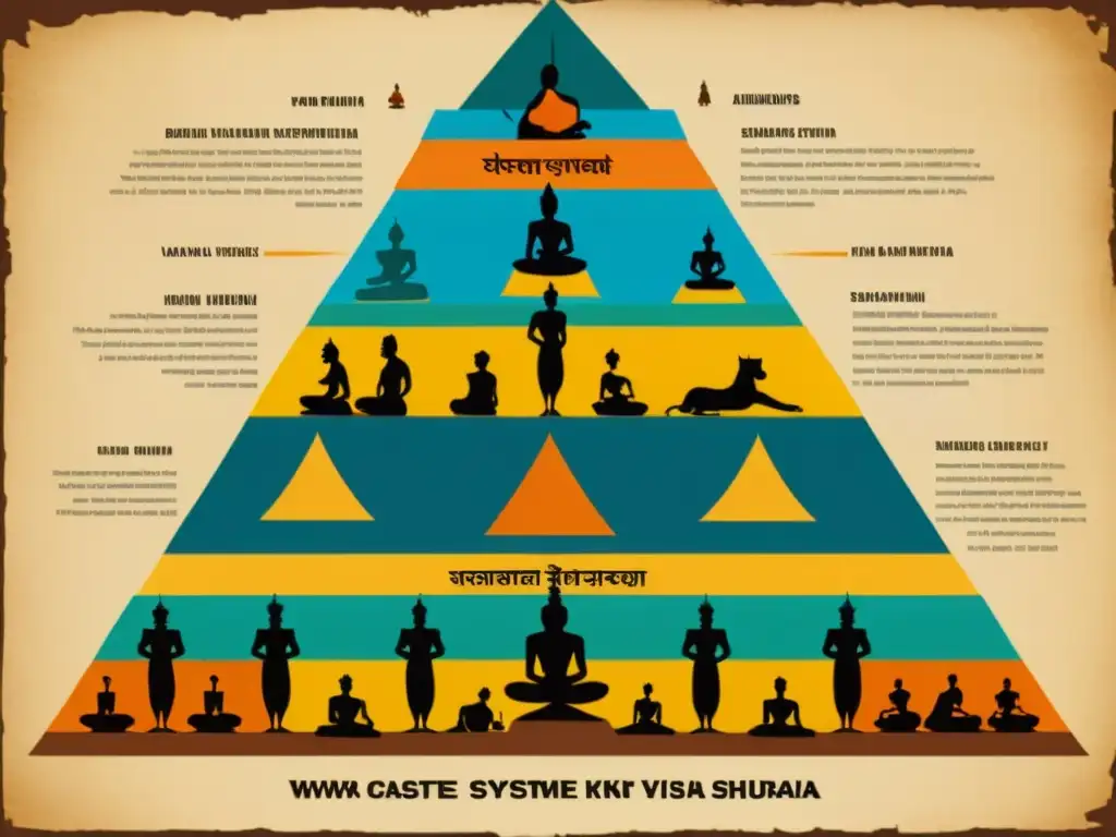 Ilustración de la estructura jerárquica del sistema de castas en la antigua India, mostrando las cuatro varnas y su rigidez social