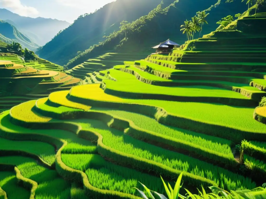 Estructuras comunitarias en el sudeste asiático: Impresionante terraza de arroz en Filipinas, bañada por el sol y trabajada por agricultores en un paisaje exuberante y sereno