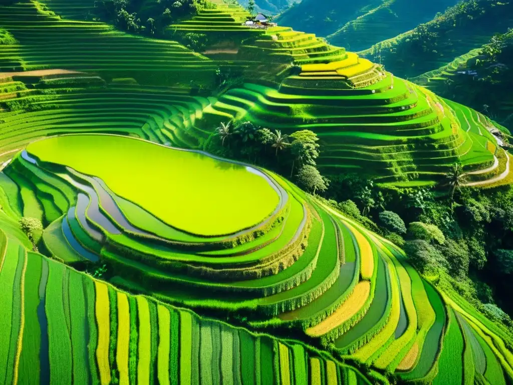 Estructuras comunitarias en el sudeste asiático: Impresionante vista aérea de terrazas de arroz, montañas verdes y agricultores trabajando en armonía