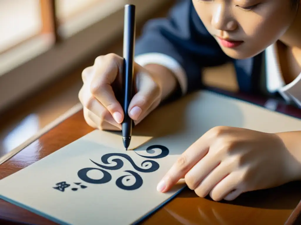 Estudiante asiático practica caligrafía con pincel y tinta, reflejando el impacto de la caligrafía en Asia