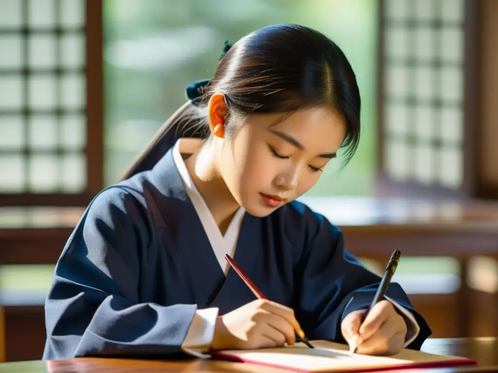 Un estudiante concentrado practica caligrafía con tinta y pincel, reflejando el impacto de la caligrafía en Asia