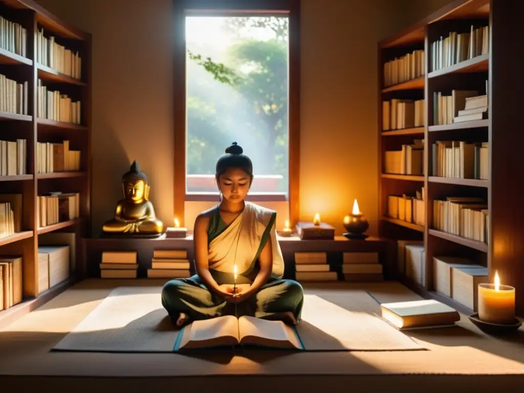 Estudiante en meditación rodeado de libros antiguos en una habitación iluminada por el sol