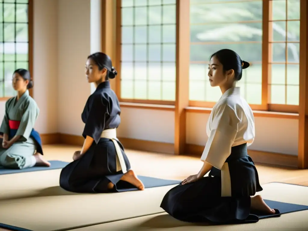 Estudiantes practicando Aikido filosófico, armonía y respeto en un aula luminosa y serena