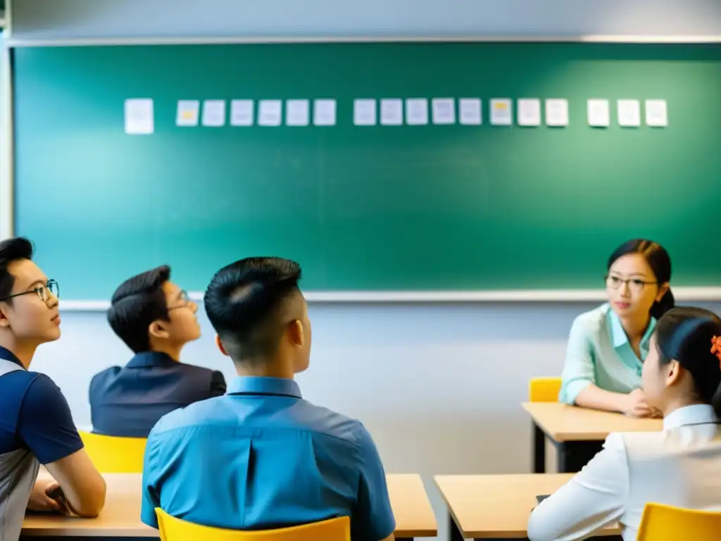 Estudiantes participando en una animada discusión en un aula moderna en Singapur, fomentando el pensamiento crítico en la educación asiática