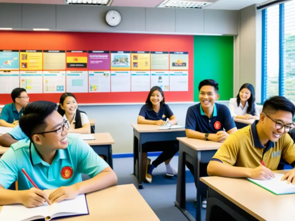 Estudiantes participando en una animada discusión en un aula moderna en Singapur, reflejando la educación y cultura en Asia