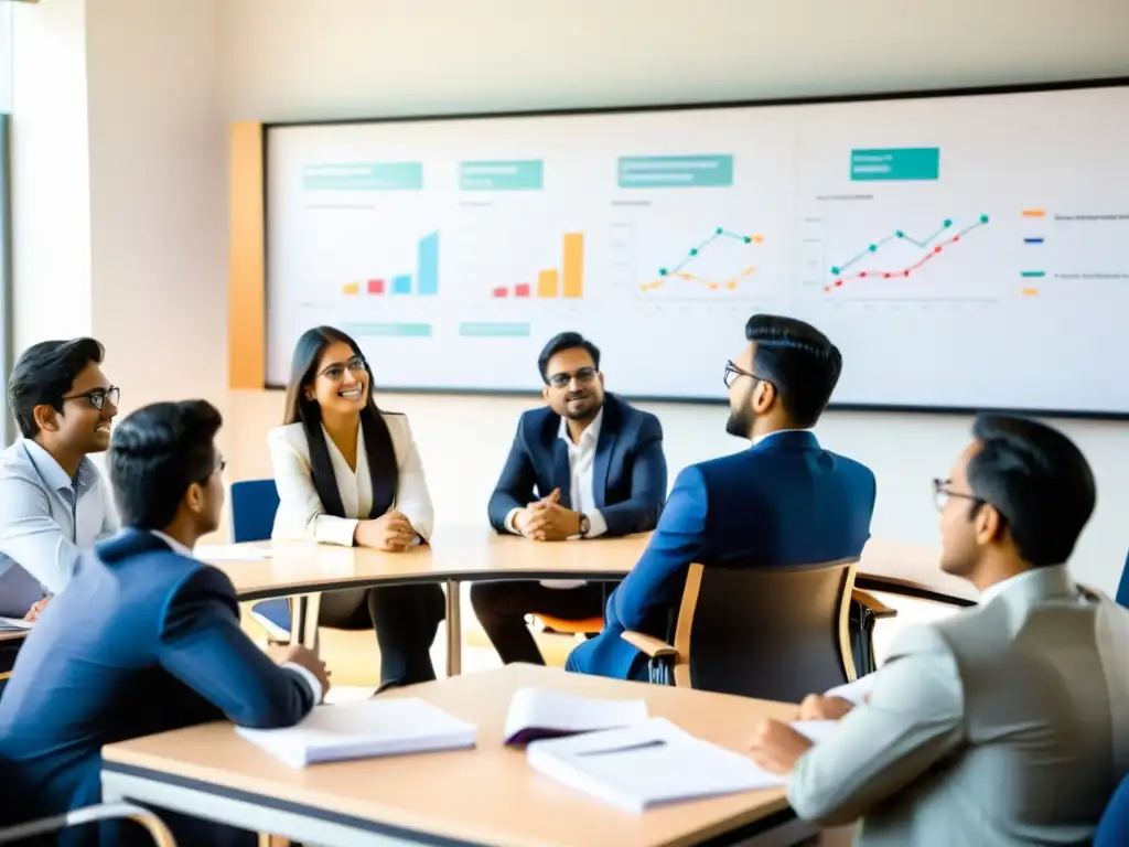 Estudiantes en animada discusión en el moderno salón de clases de la Indian School of Business, uno de los mejores MBA en Asia