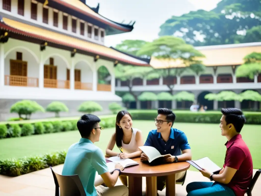 Estudiantes de Asia en animadas discusiones en el campus universitario, rodeados de exuberante vegetación y arquitectura moderna y tradicional