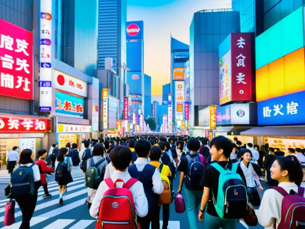 Estudiantes animados caminan por las bulliciosas calles de Tokio, rodeados de rascacielos y letreros de neón