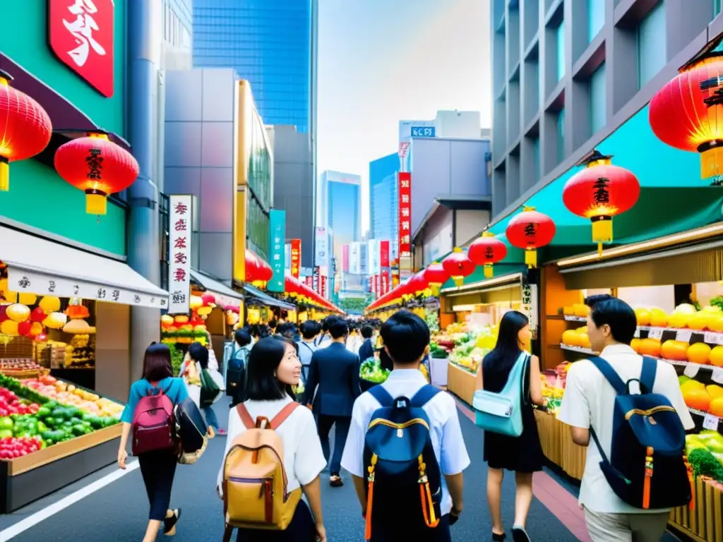 Estudiantes animados comprando en un bullicioso mercado callejero de Tokio, Japón, capturando la vida estudiantil en Asia