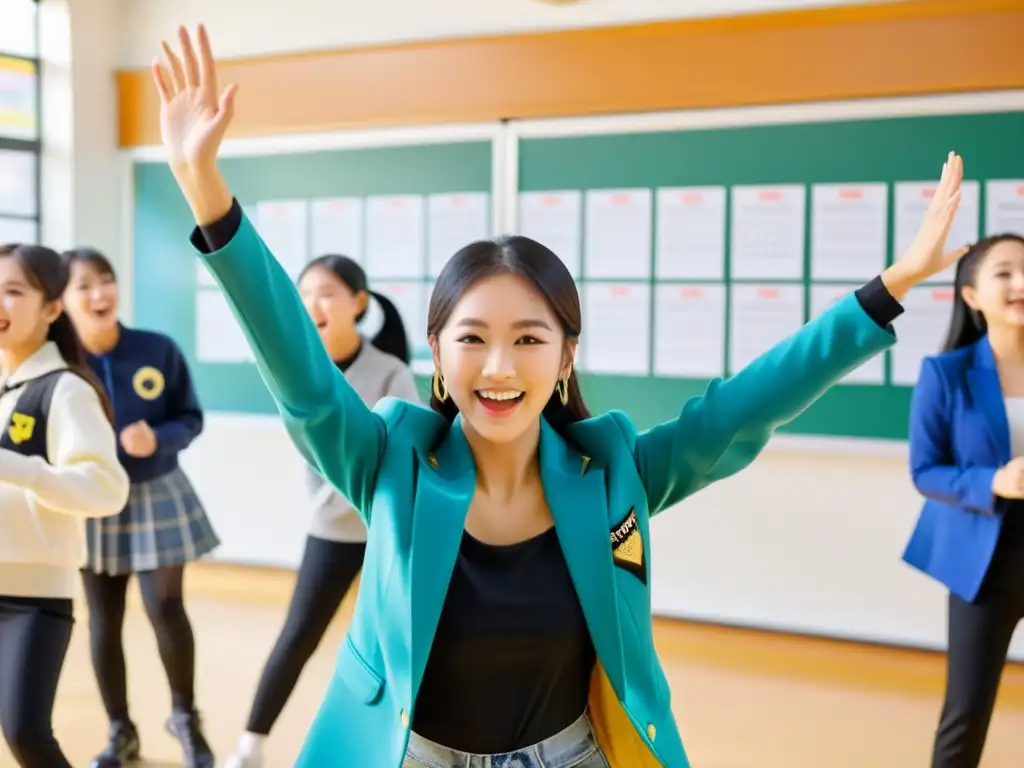 Estudiantes apasionados practican baile KPop con su maestro en aula luminosa