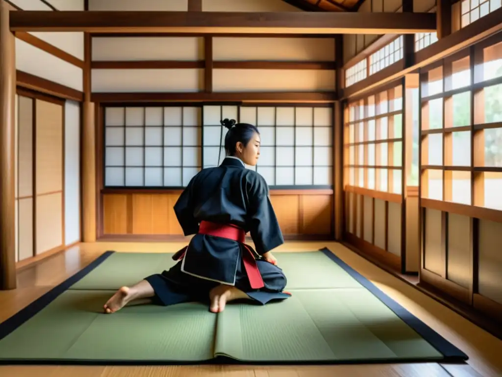 Estudiantes practican artes marciales en un dojo japonés mientras el sensei enseña estrategias del libro cinco anillos de Miyamoto Musashi