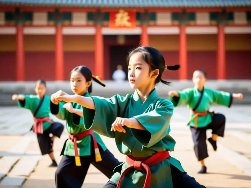 Estudiantes practicando artes marciales en el patio de un templo, reflejando la importancia educativa de artes marciales en Asia