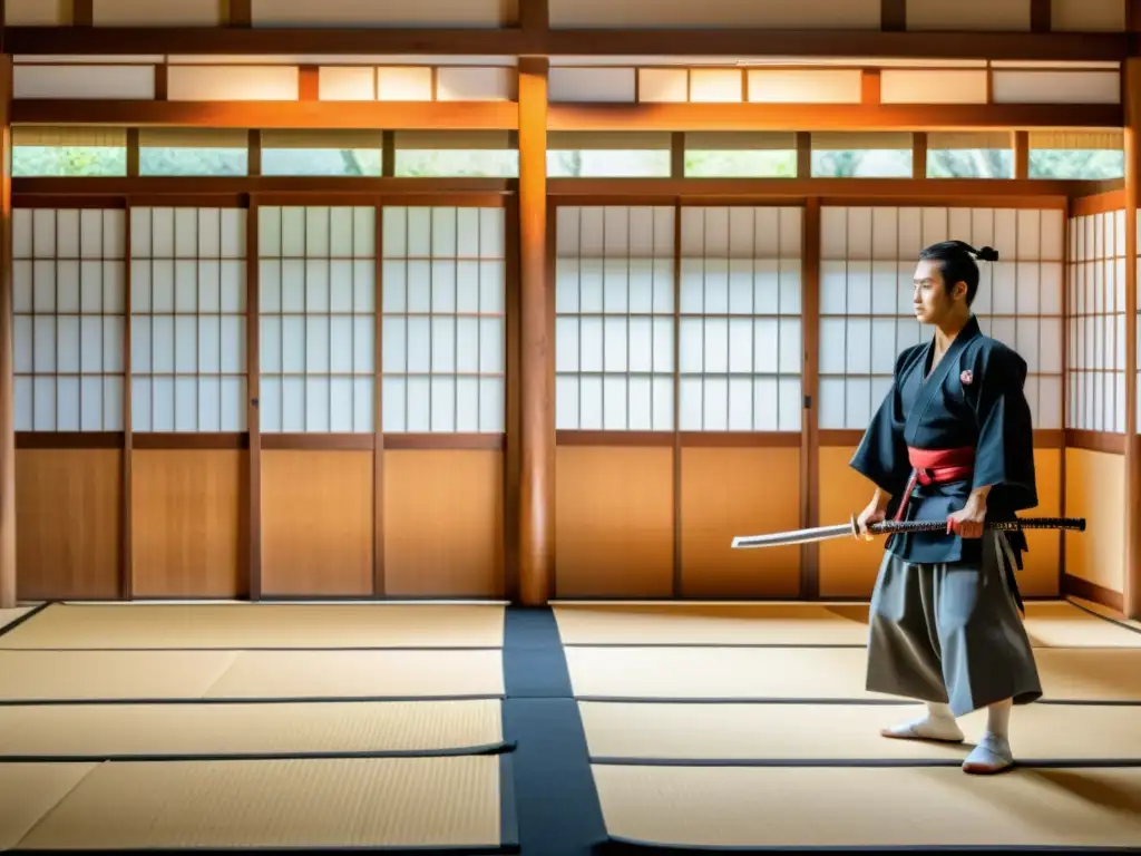 Estudiantes de artes marciales samurai practican en un dojo tradicional, rodeados de armas de entrenamiento de madera