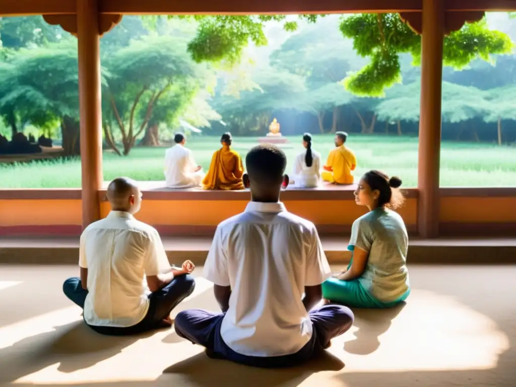 Estudiantes meditan en ashram tradicional, rodeados de naturaleza exuberante