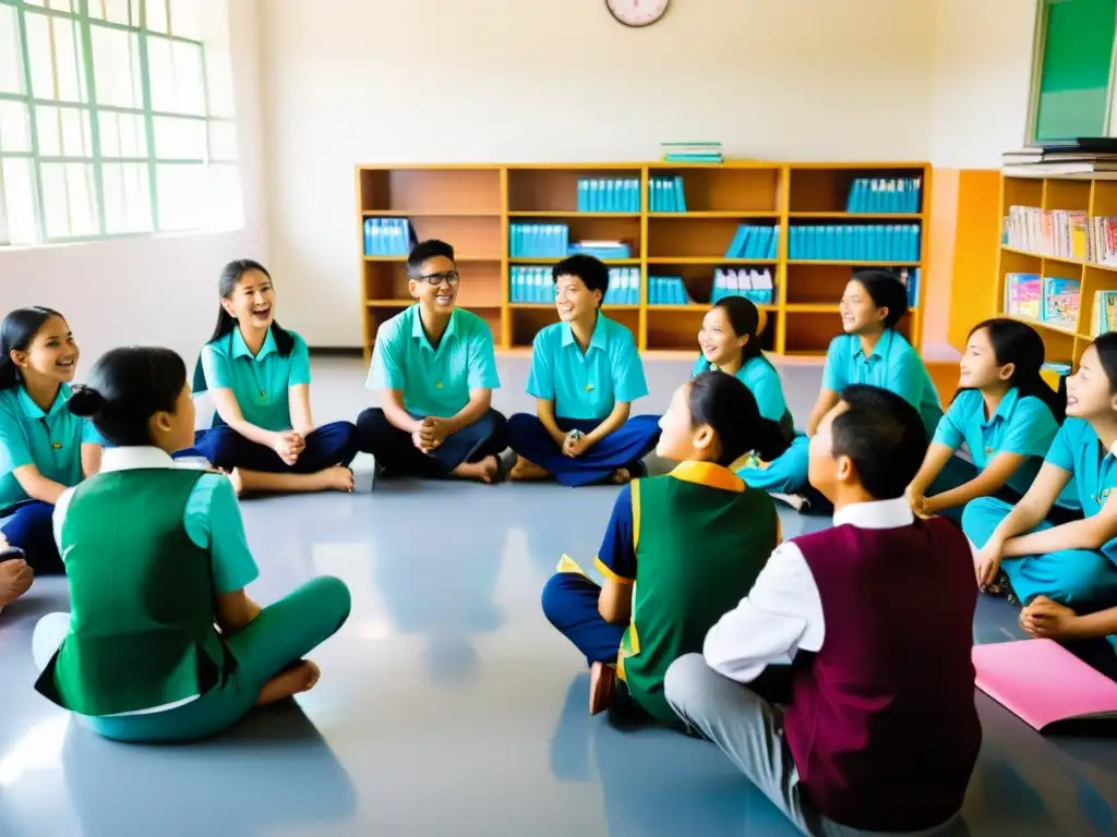 Estudiantes asiáticos participan en animada discusión sobre pensamiento crítico en aula colorida y estimulante con su maestro