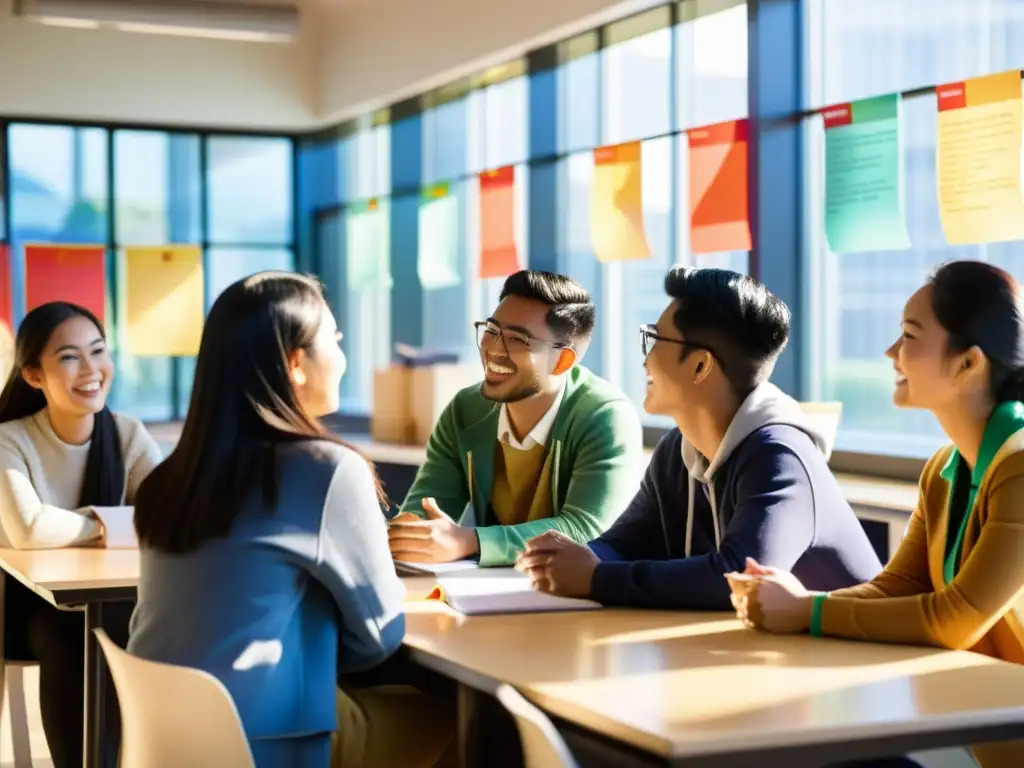 Estudiantes asiáticos participan en animada discusión en aula moderna, fomentando intercambio universitario y colaboración cultural