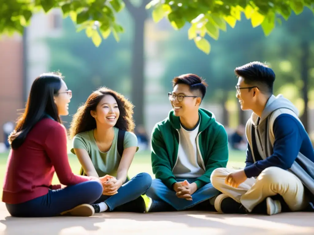 Estudiantes asiáticos participan en animado intercambio universitario en campus, reflejando la diversidad cultural de Asia