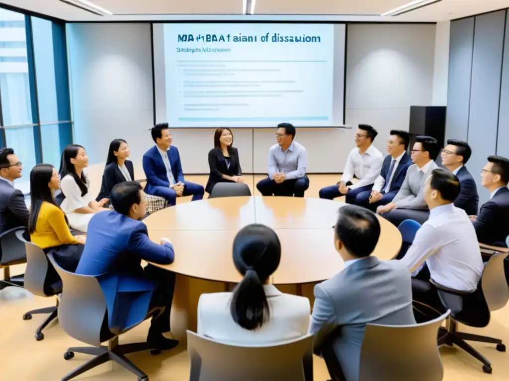 Estudiantes de MBA asiáticos en aula moderna, reflejando equilibrio arte-ciencia en educación empresarial